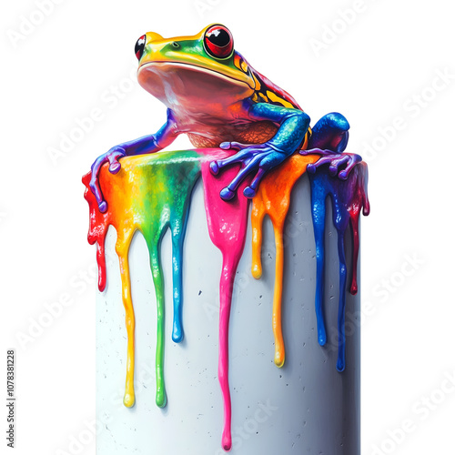 Vibrant tree frog on rainbow dripping paint with colorful artistic design, Cutout, Isolated on White Background photo