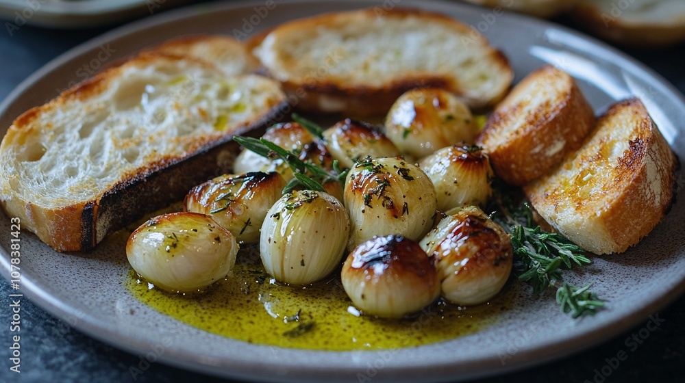 Roasted Garlic Cloves with Olive Oil and Thyme Served with Toasted Baguette Roasted Garlic Cloves with Olive Oil and Thyme Served with Toasted Baguette