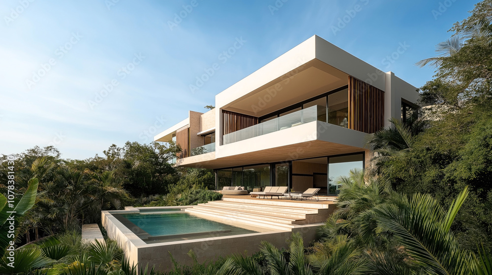 Fototapeta premium Modern architectural home with large glass windows, surrounded by lush greenery, featuring a spacious terrace and infinity pool under a clear blue sky.