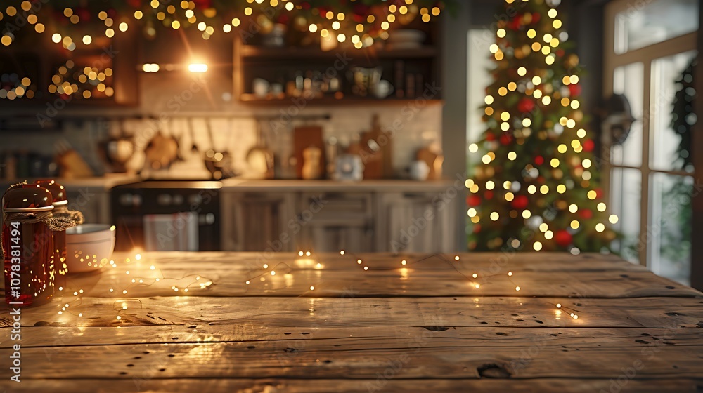 A cozy holiday kitchen scene with an empty rustic wooden table in the foreground, warm twinkling lights draped in the background, and a decorated Christmas tree off to the side, casting a soft A cozy holiday kitchen scene with an empty rustic wooden table in the foreground, warm twinkling lights draped in the background, and a decorated Christmas tree off to the side, casting a soft