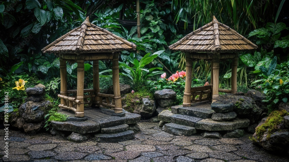 Naklejka premium Serene Garden Retreat with Bamboo Pavilions Surrounded by Lush Greenery and Vibrant Flowers, Ideal for Tranquil Landscapes and Nature Photography
