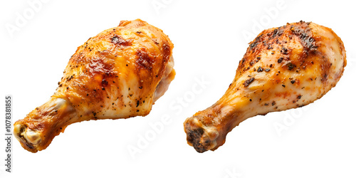 Grilled chicken drumsticks with crispy golden skin and seasoning, Cutout, Isolated on White Background