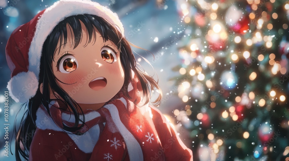 Cute anime girl dressed in festive red and white, with snowflakes and a sparkling holiday tree Cute anime girl dressed in festive red and white, with snowflakes and a sparkling holiday tree