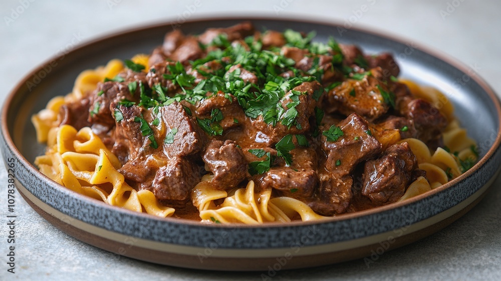 Beef Stroganoff Recipe with Egg Noodles and Parsley Garnish Beef Stroganoff Recipe with Egg Noodles and Parsley Garnish