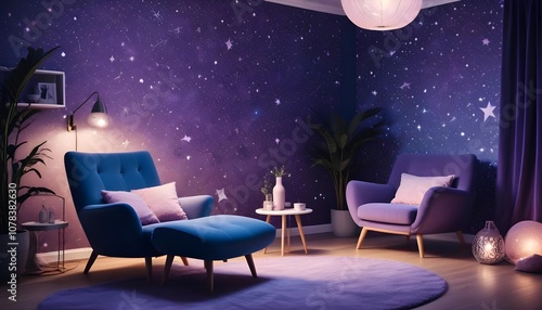 Scandinavian living room interior design zoom background,Doodle Galaxy patterned wallpaper graphics