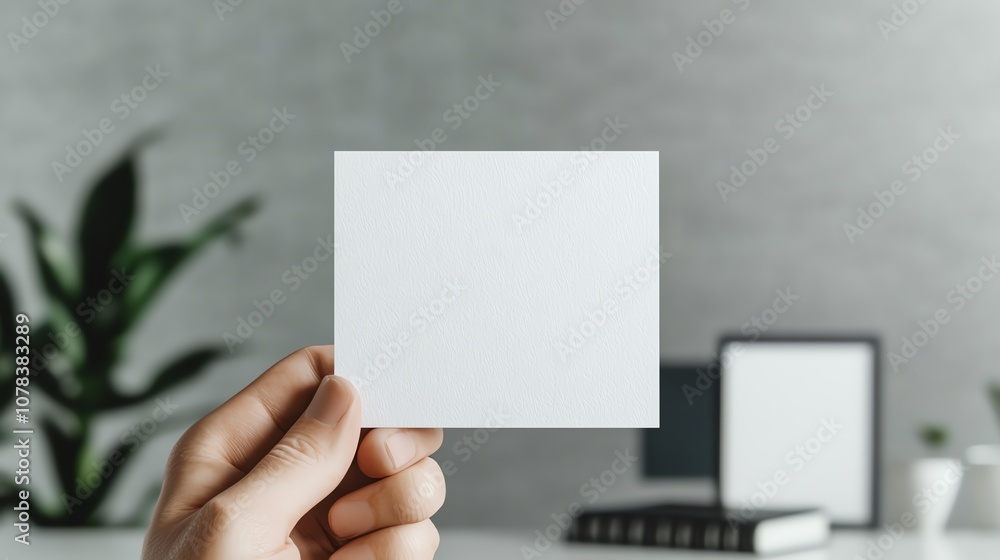 Hand holding blank white card in front of minimalist office background. Hand holding blank white card in front of minimalist office background.