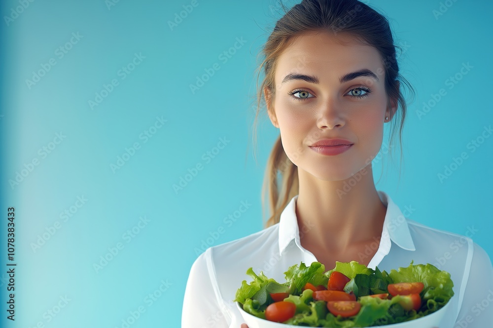 A young woman holding a bowl of fresh salad with lettuce and cherry tomatoes against a bright blue background, highlighting a healthy lifestyle and balanced diet A young woman holding a bowl of fresh salad with lettuce and cherry tomatoes against a bright blue background, highlighting a healthy lifestyle and balanced diet
