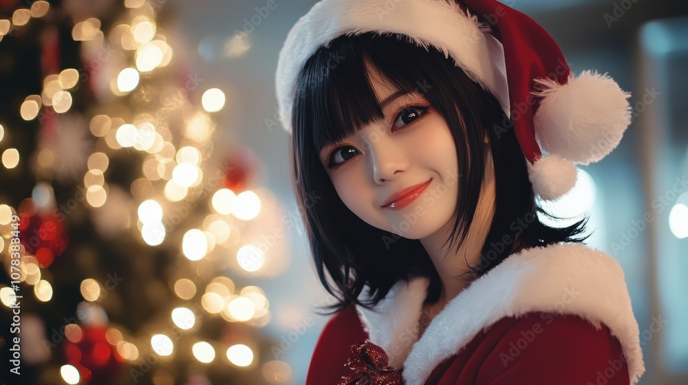 Cute anime girl in Santa-inspired outfit, with a holiday tree and festive sparkles in the background Cute anime girl in Santa-inspired outfit, with a holiday tree and festive sparkles in the background