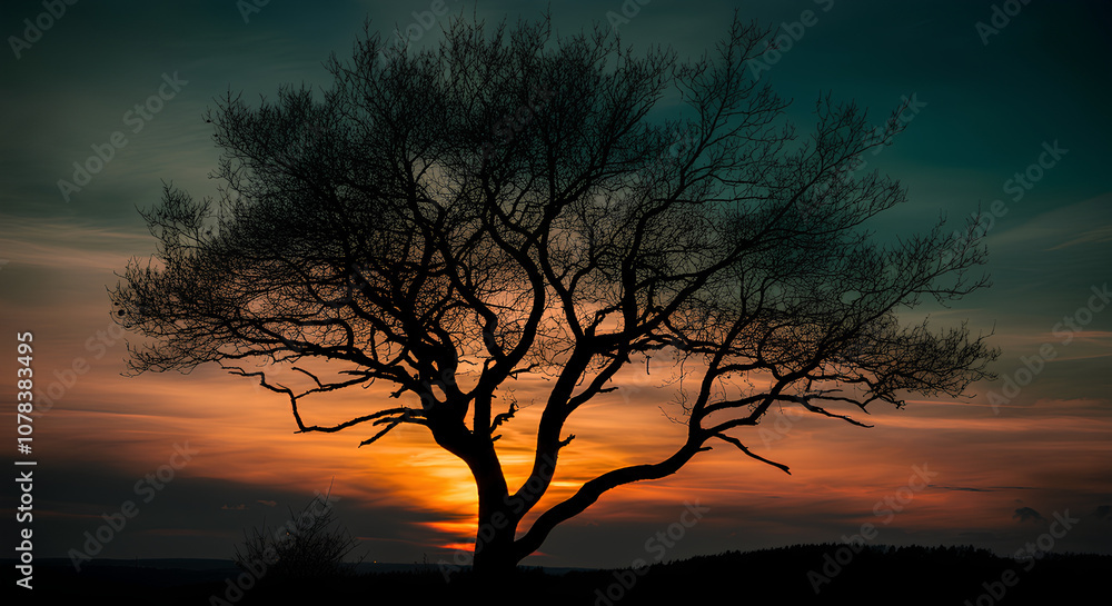 A silhouetted tree with bare branches against a vibrant sunset sky, blending hues of orange and teal. A silhouetted tree with bare branches against a vibrant sunset sky, blending hues of orange and teal.