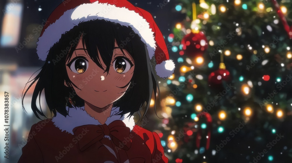 Festive anime girl in red Santa suit, with sparkling Christmas lights and a holiday tree Festive anime girl in red Santa suit, with sparkling Christmas lights and a holiday tree