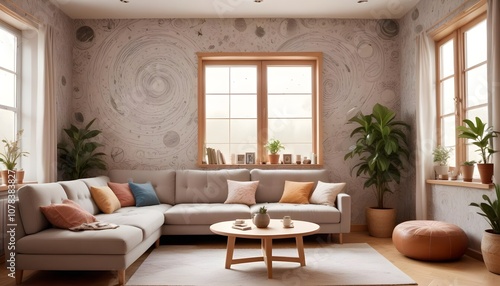 Scandinavian living room interior design zoom background,Doodle Galaxy patterned wallpaper graphics