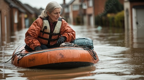 A female nurse team uses a rubber boat to help an elderly person from a flooded house, with an emergency kit bag beside her photo