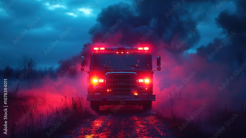 A fire truck in a night scene with lights and smoke as firefighters prepare for a rescue mission.