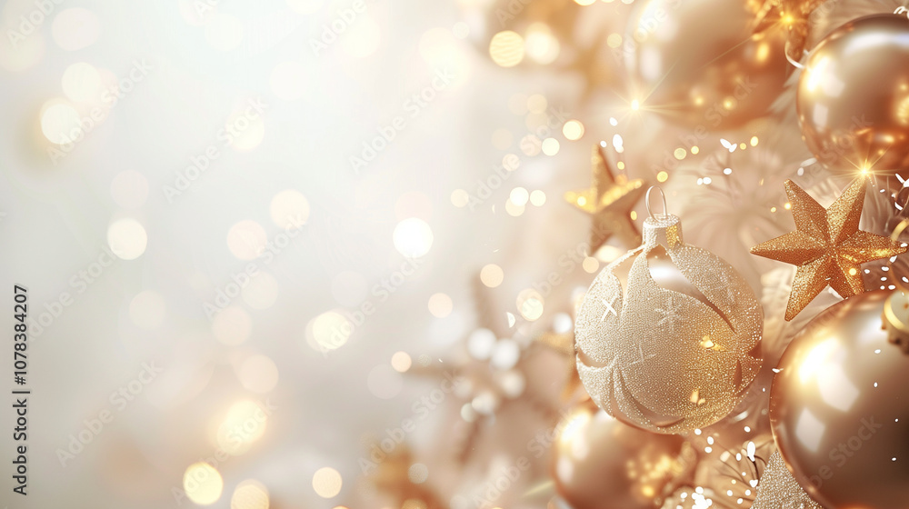 Christmas Background with Golden Ornaments and Sparkling Stars Christmas Background with Golden Ornaments and Sparkling Stars