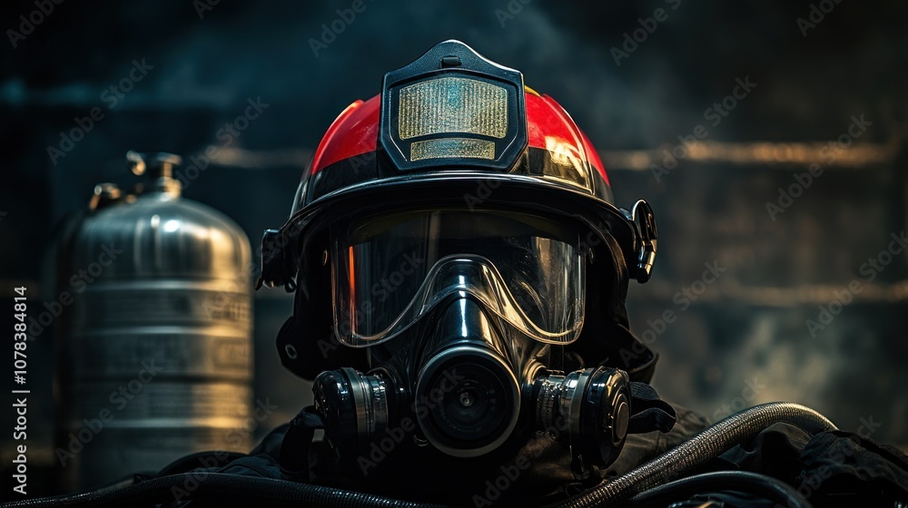 Fototapeta premium A firefighter's helmet with reflective strips and a face shield mounted on the front, is placed next to an oxygen tank and fire protection suit