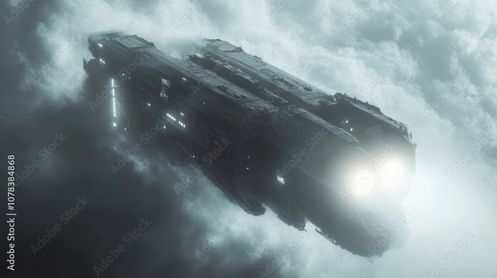 Fototapeta premium A futuristic spaceship with a bright light cascade through the cosmic fog.