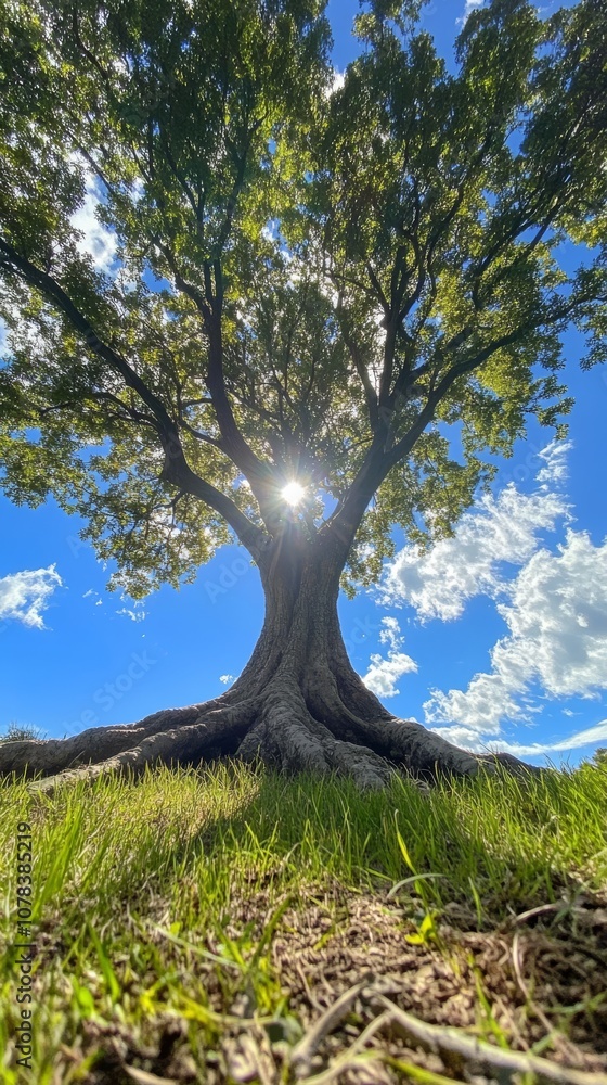 Majestic tree with sunburst through foliage Majestic tree with sunburst through foliage
