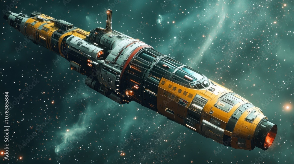 A spaceship floating in the dark space with twinkling stars as a backdrop. A spaceship floating in the dark space with twinkling stars as a backdrop.
