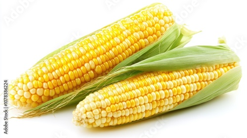 Fresh, isolated yellow corn on a white background, featuring bright kernels and green husks.