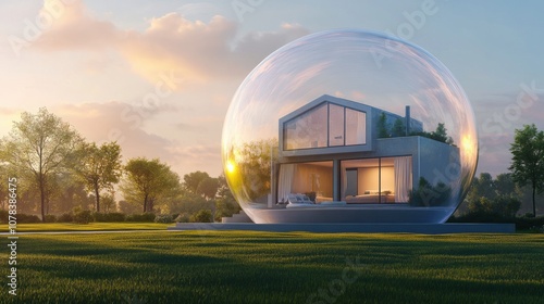 Beautiful house inside a glass bubble, symbolizing modern and protected lifestyle, on a soft gradient