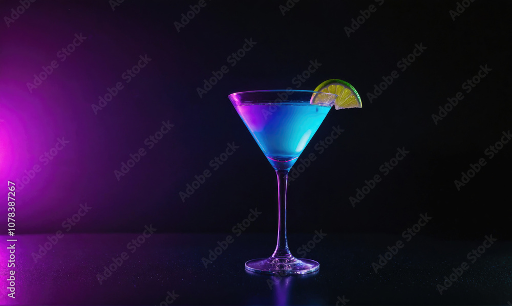 A blue cocktail garnished with a lime wedge sits on a dark surface with a purple light illuminating the background A blue cocktail garnished with a lime wedge sits on a dark surface with a purple light illuminating the background