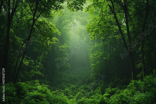 Dense green forest with mist rising in early morning light