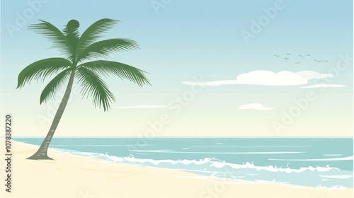 A serene beach scene with a palm tree, gentle waves, and a calm sky.