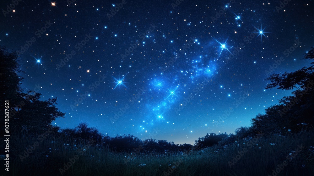 Clear night sky dotted with bright stars of various sizes, a peaceful and expansive view of the celestial landscape. Clear night sky dotted with bright stars of various sizes, a peaceful and expansive view of the celestial landscape.