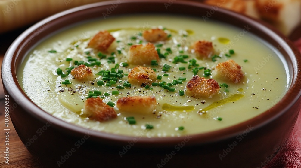 Creamy Leek and Potato Soup Recipe with Chives and Croutons Creamy Leek and Potato Soup Recipe with Chives and Croutons
