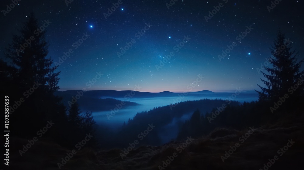 Clear night sky filled with brilliant stars, the dark horizon of trees or hills adding to the quiet beauty of the starlit scene. Clear night sky filled with brilliant stars, the dark horizon of trees or hills adding to the quiet beauty of the starlit scene.