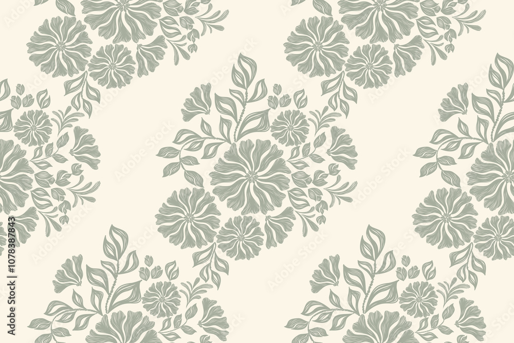 Obraz premium Ethnic floral pattern wallpaper seamless vintage green flower leaf watercolour style embroidery texture motifs vector illustration design hand drawn background border.