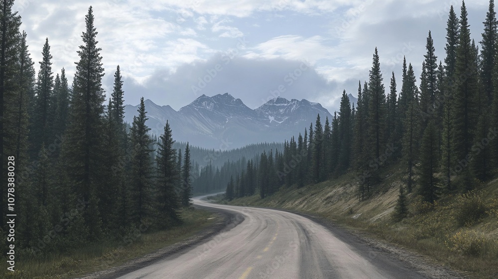 A winding road through a forest leads to snow-capped mountains in the distance. A winding road through a forest leads to snow-capped mountains in the distance.