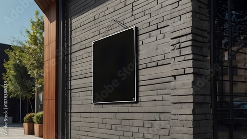 Blank empty black sign board square mockup on rustic brick wall outdoors for advertisement, advertising, branding, promotion, commercial