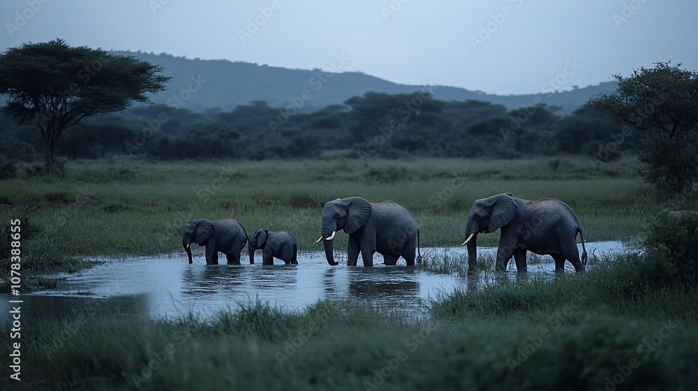 Obraz premium A herd of four African elephants walks through a shallow water source in a savanna at dusk.