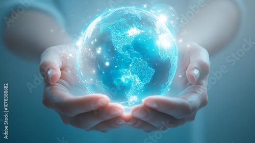 Hands carefully cradling a shining blue globe with clear continents soft light around the Earth and a white-to-blue gradient background