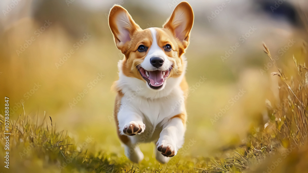 A happy puppy dog running in the field A happy puppy dog running in the field