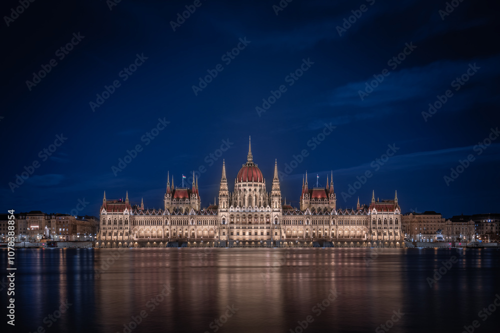 Budapest, Hungary - Illuminated Hungarian Parliament building at dusk.