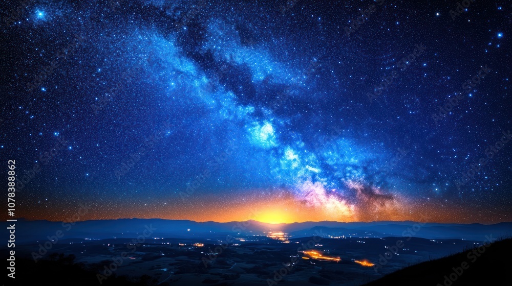 Countless stars glowing in the night sky, with a peaceful landscape of distant hills or mountains creating a tranquil nighttime view. Countless stars glowing in the night sky, with a peaceful landscape of distant hills or mountains creating a tranquil nighttime view.