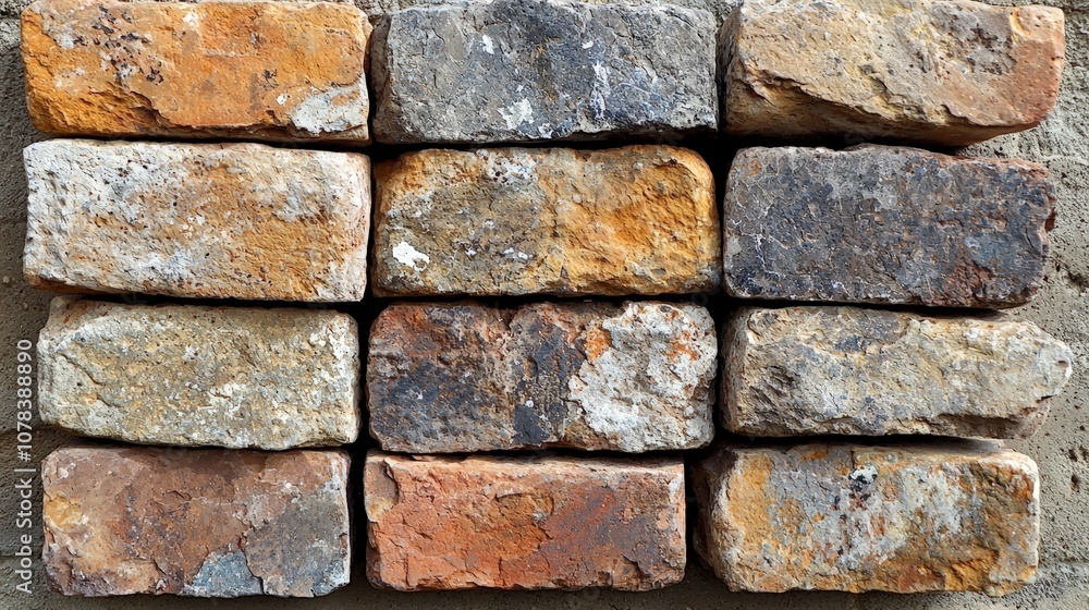 A layout of various textured bricks arranged in a grid pattern. A layout of various textured bricks arranged in a grid pattern.