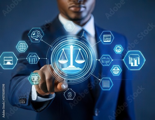 Legal Professional with Justice Icons. A suited legal professional touches virtual icons. Generated image