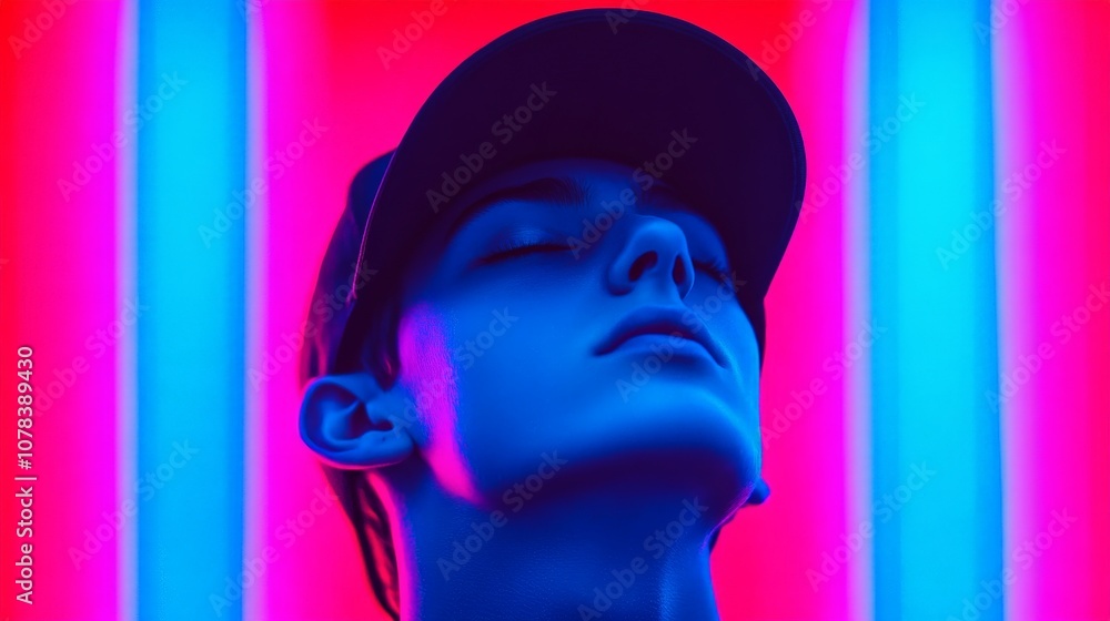 Neon Dreams: A close-up portrait of a young man bathed in vibrant neon light, his eyes closed, lost in thought or a moment of tranquility, evoking a sense of mystery and introspection. Neon Dreams: A close-up portrait of a young man bathed in vibrant neon light, his eyes closed, lost in thought or a moment of tranquility, evoking a sense of mystery and introspection.