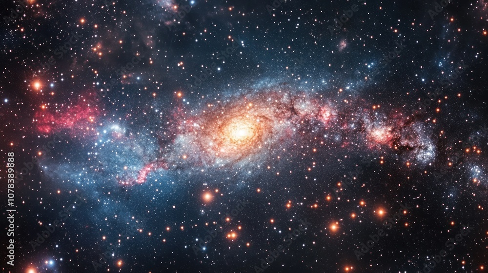 Fototapeta premium Endless starry sky with different intensities of starlight, distant galaxies visible as faint clusters of glowing stars.