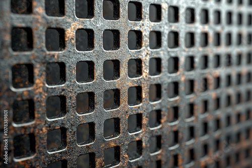 Close-up of rusty metal grid with square holes in industrial setting