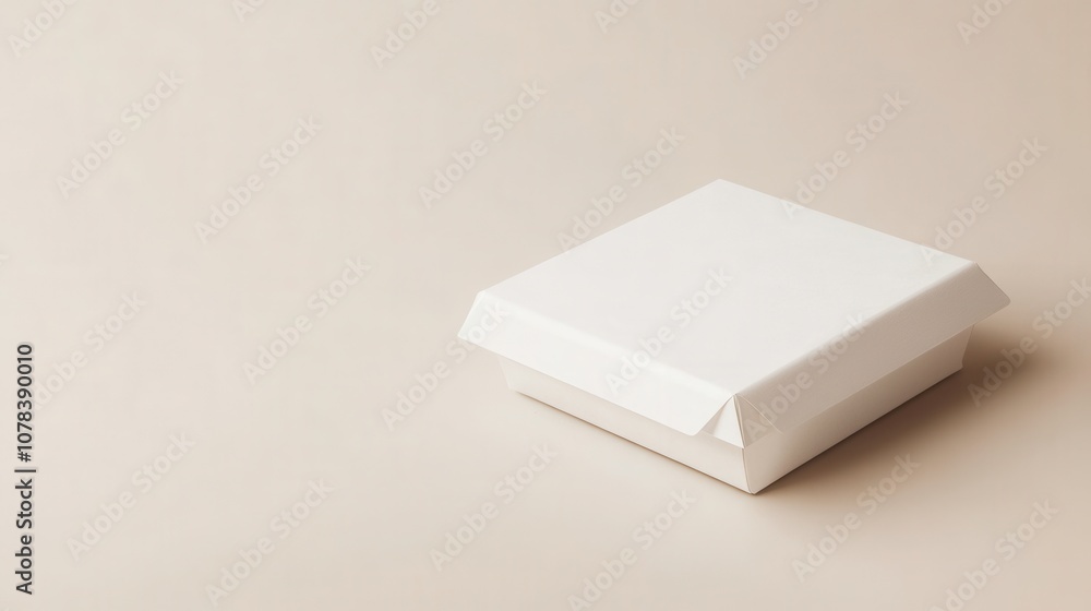 A food box mockup rests on a pale beige surface under soft diffused lighting A food box mockup rests on a pale beige surface under soft diffused lighting