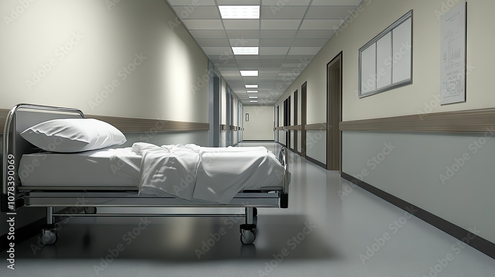Naklejka premium Hospital bed with neatly folded sheets positioned against a wall in a silent, empty corridor.