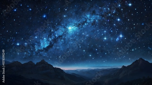 Cosmic nebula swirling blue galaxy sky, twinkling stars on night light. mystery & wonder of science astronomy. cosmos fantasy magical mountain landscape