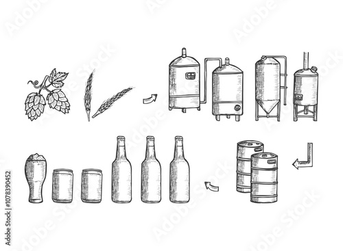Beer brewing production process hand-drawn vector engraving illustration.