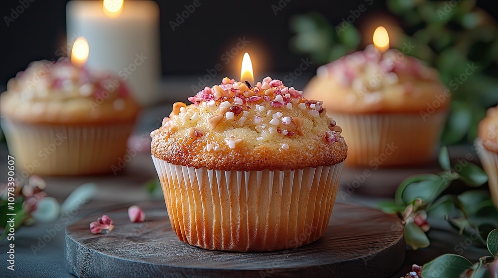 muffin with a candle on a pastel background holiday muffins close up muffin with a candle on a pastel background holiday muffins close up
