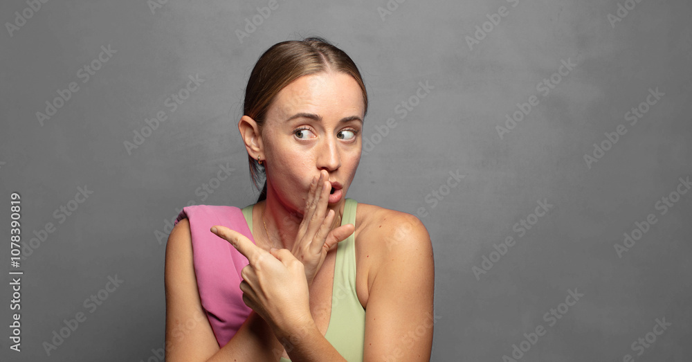 feeling surprised with a shocked expression and pointing to the side feeling surprised with a shocked expression and pointing to the side