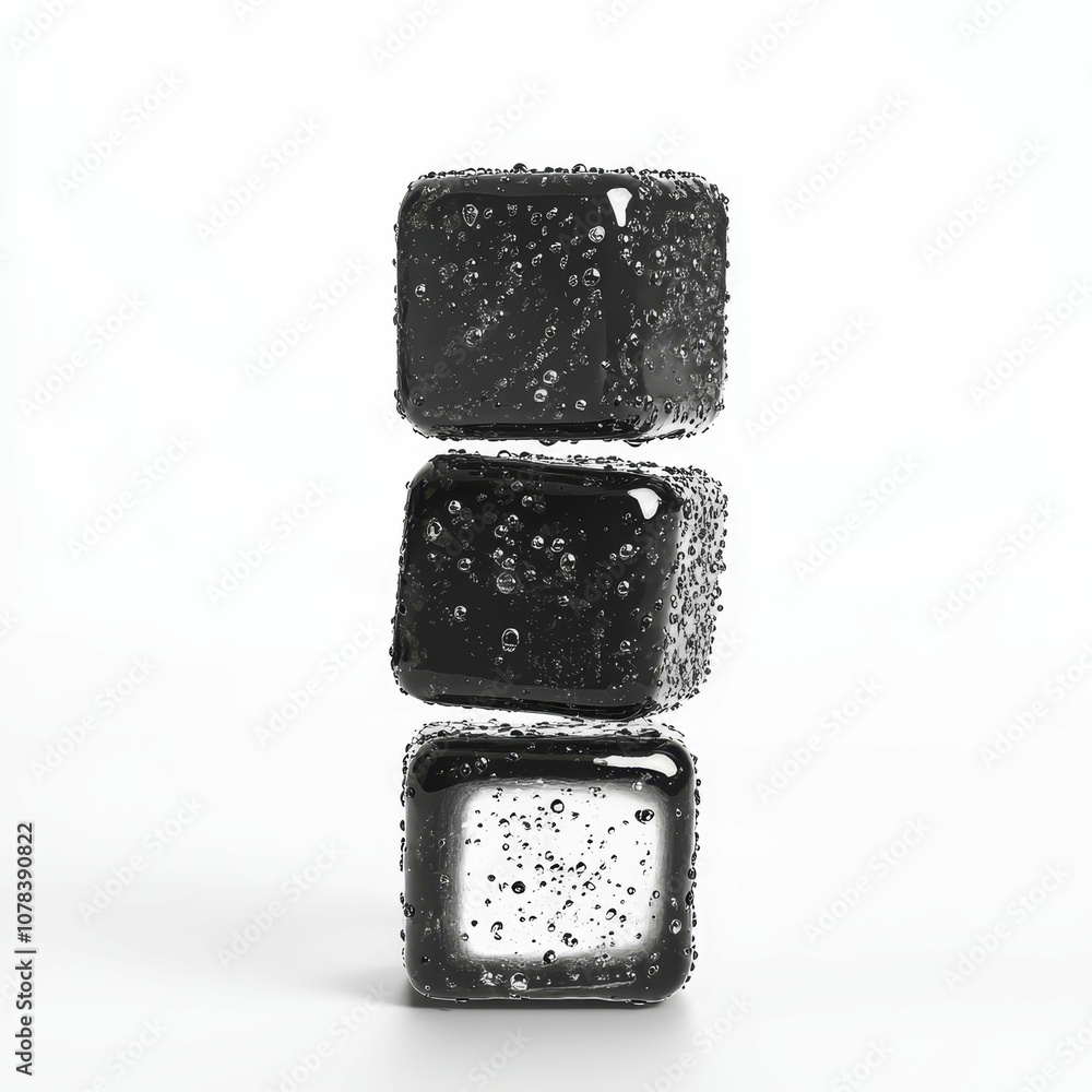 Three black ice cubes with water droplets. Three black ice cubes with water droplets.